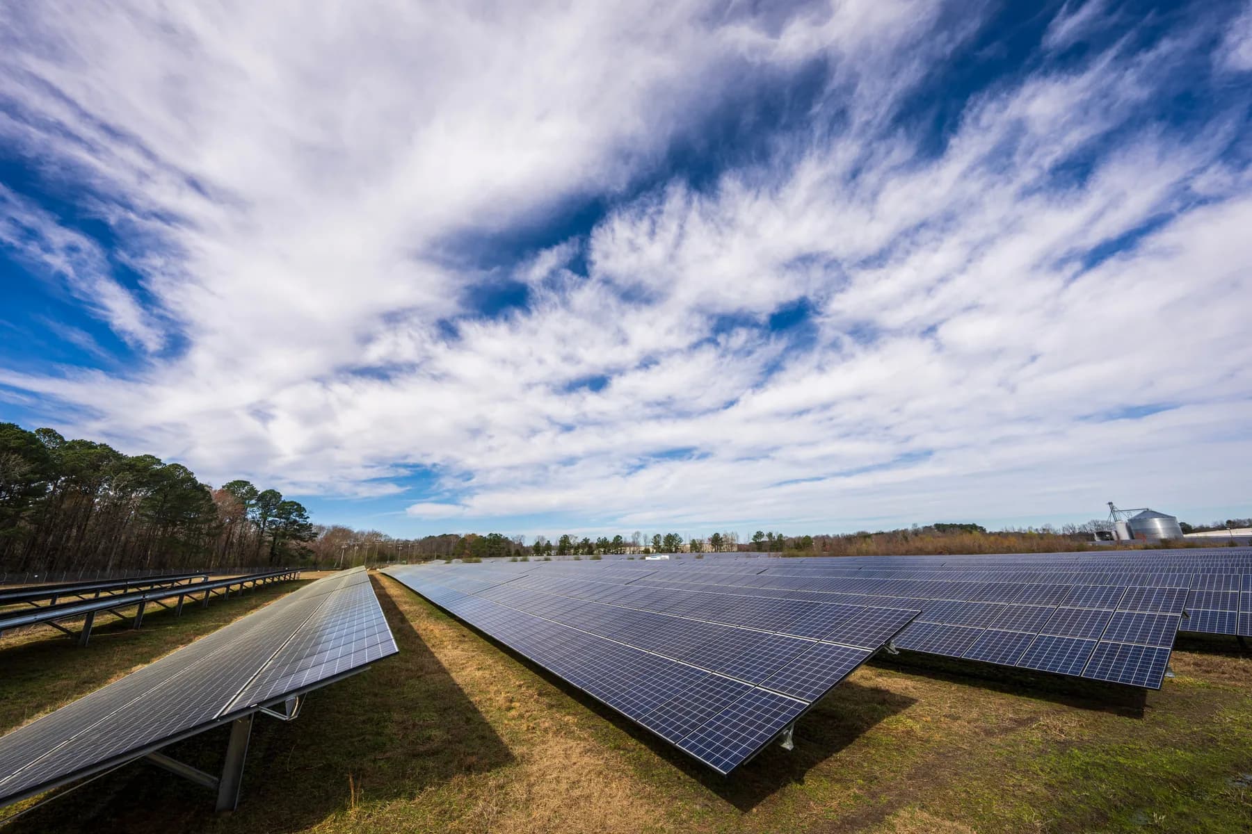 Rows of solar panels in a field